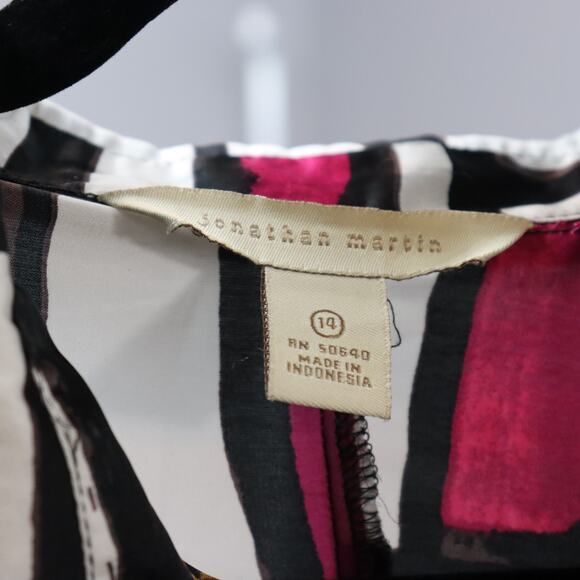 Jonathan Martin Ruffle Front Dress Women’s Size 14 Black Pink Geometric Print - Picture 6 of 8